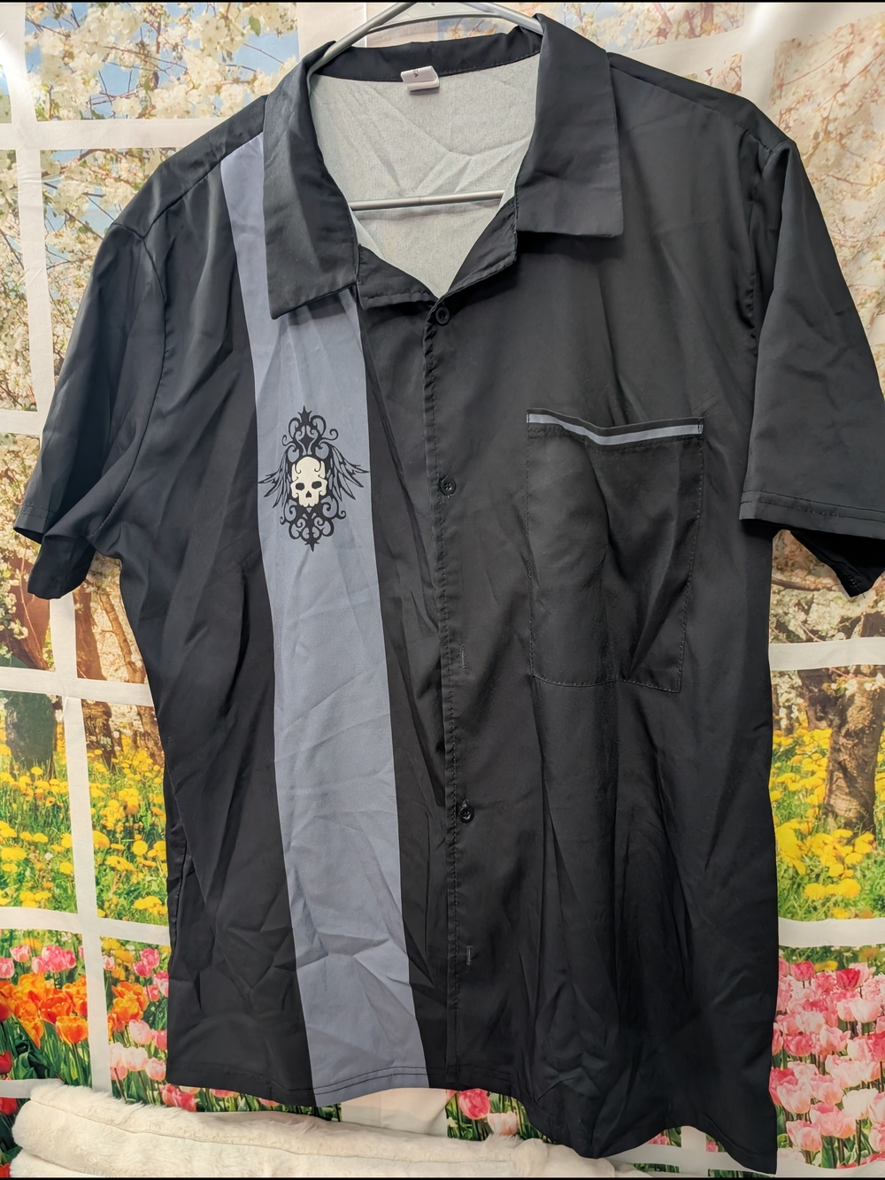 Men's Black Button-Down Casual Shirt with Gray Stripe